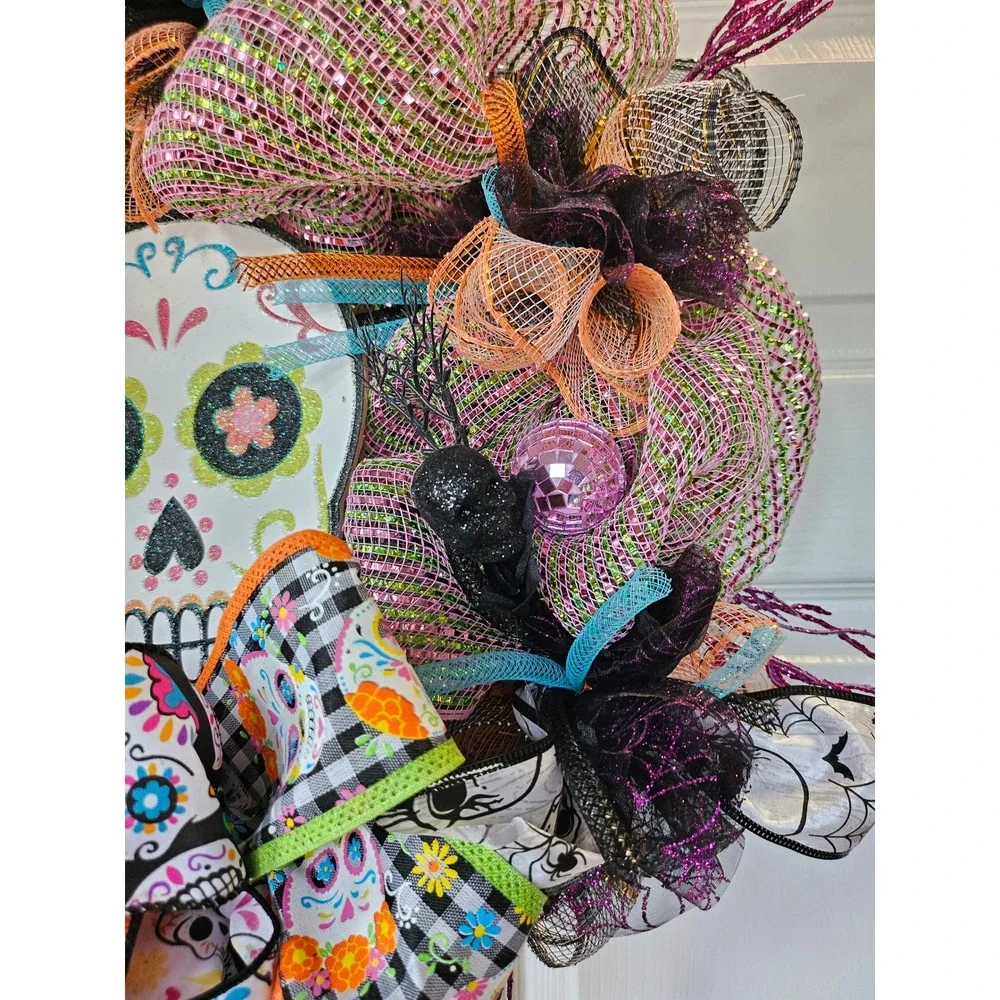 Handmade Day of the Dead Wreath Sugar Skull Halloween Decor 24